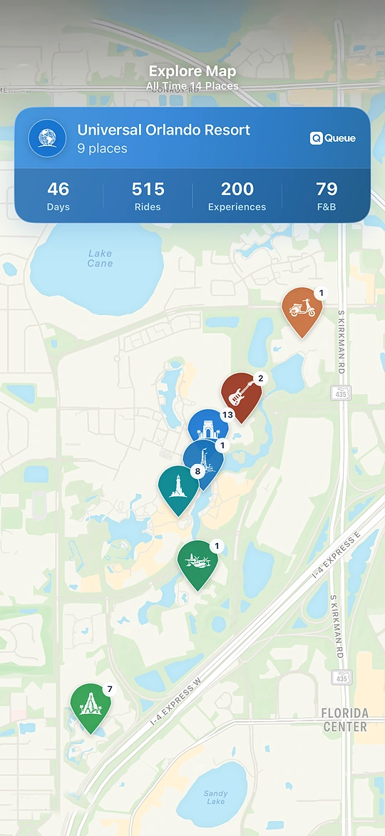 The Explore Map in Queue, with pins for every place logged at Universal Orlando Resort