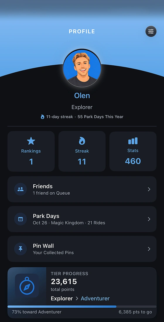 Queue's Profile screen with Rankings, an 11-day streak, Stats, Pin Wall, and tier progress toward Adventurer