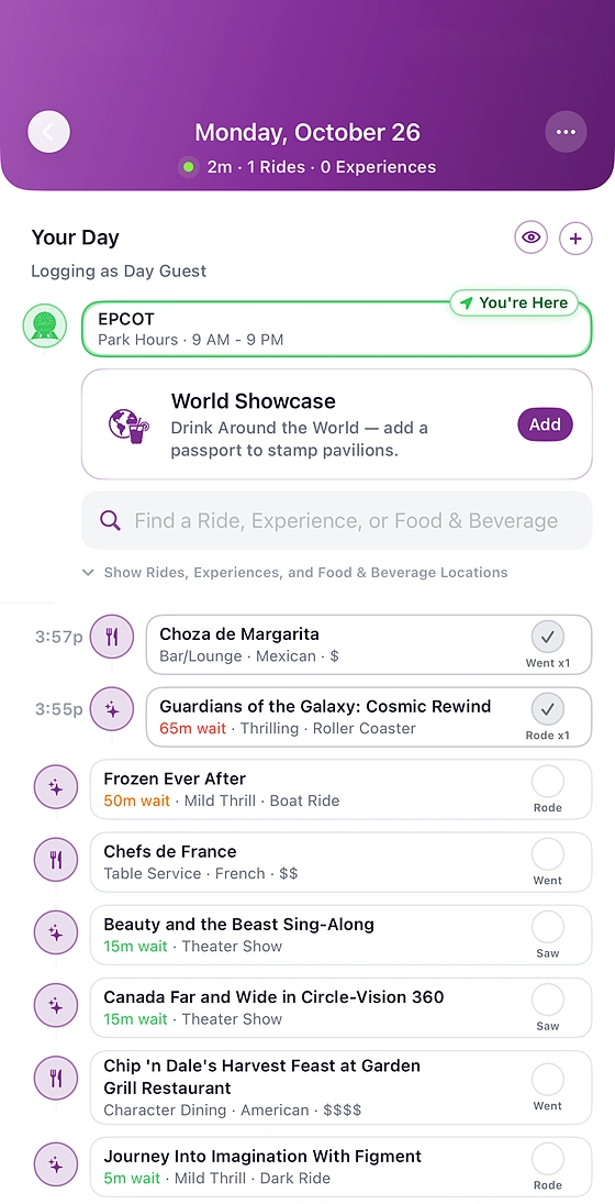 Queue's Your Day screen at EPCOT, logging rides and dining as you go