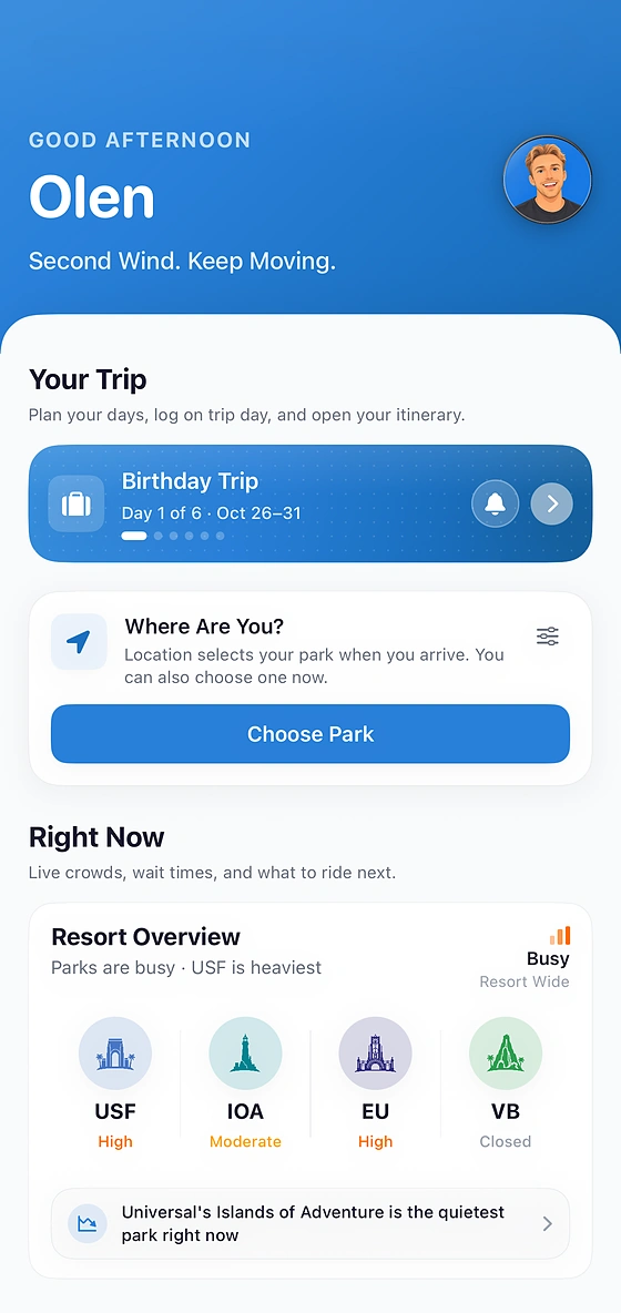 Queue's Home screen with your trip, Where Are You?, and the Right Now resort overview